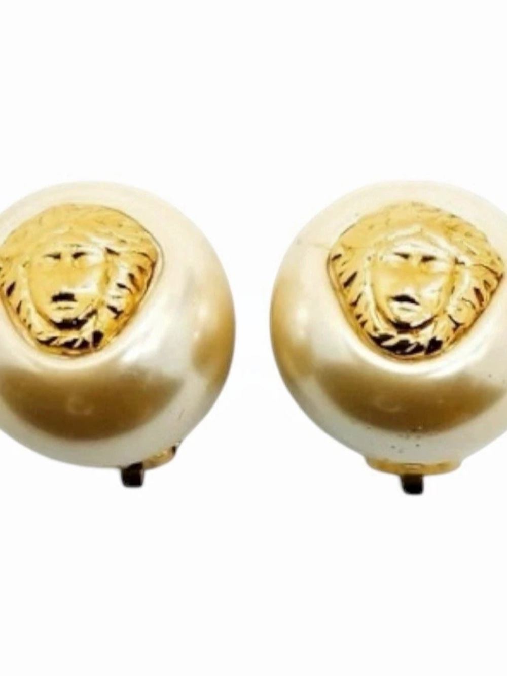 80s 90s Vintage Gianni Versace Medusa Head Logo Pearl Stud Earrings